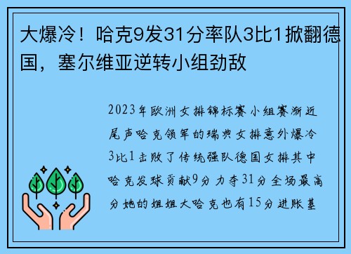 大爆冷！哈克9发31分率队3比1掀翻德国，塞尔维亚逆转小组劲敌