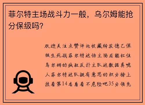 菲尔特主场战斗力一般，乌尔姆能抢分保级吗？